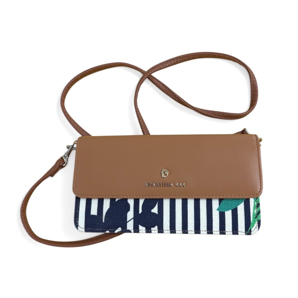 Spartina 449 Navy Striped Floral Linen Leather Crossbody Wallet Bag Tan NWOT